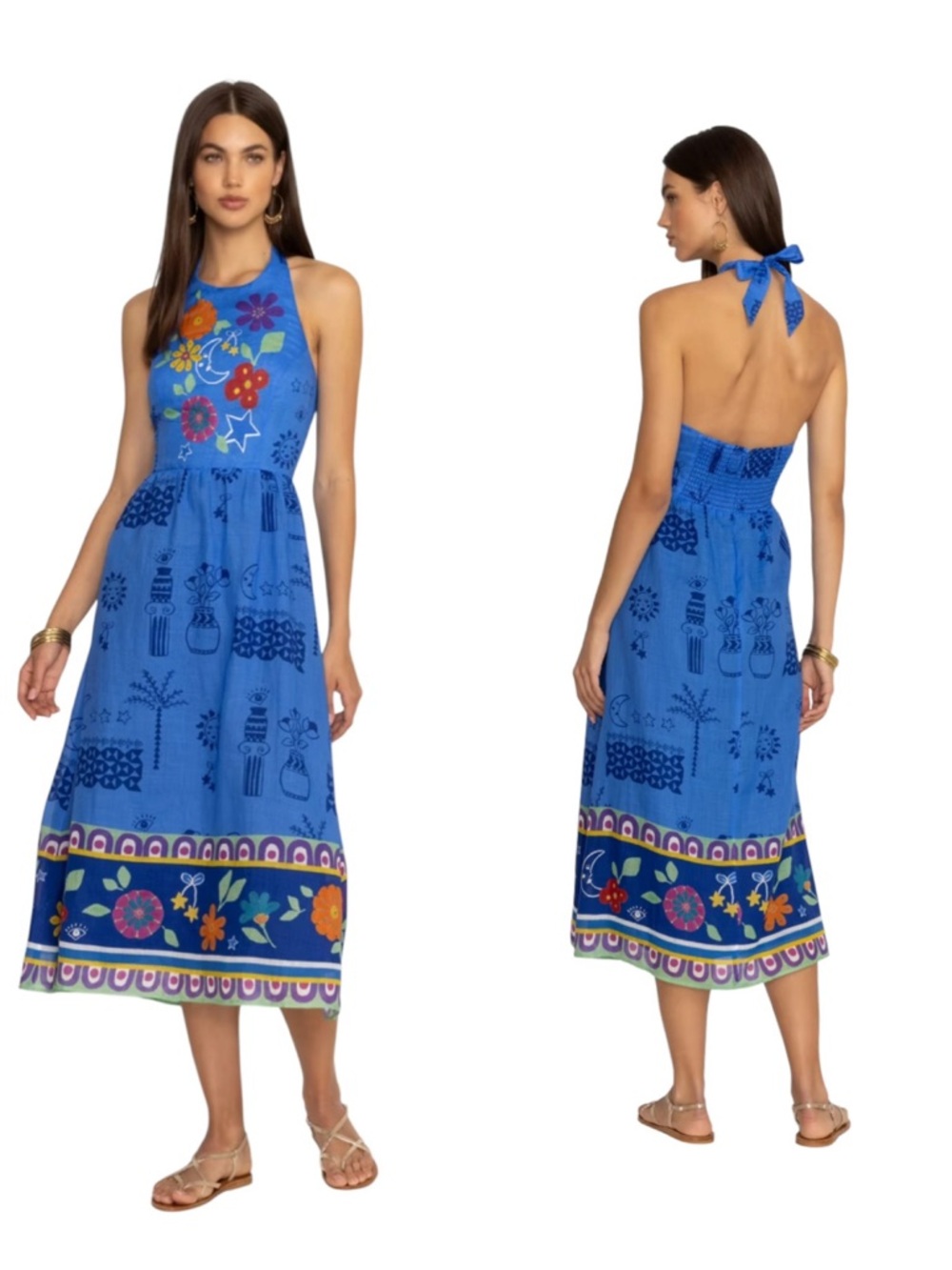 JOHNNY WAS JADE Zahar Tea Length Linen Dress Niccola Boho Print Size XL NEW